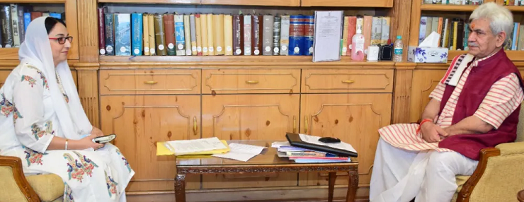 Jammu and Kashmir Waqf Board Chairperson Derakhshan Andrabi meeting with Lieutenant Governor Manoj Sinha