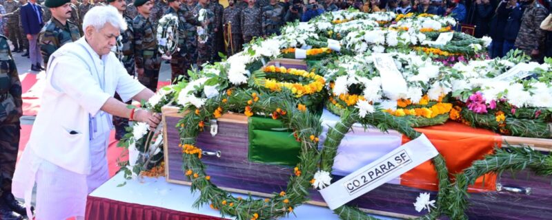 Lt Governor Sh Manoj Sinha paid homage to army bravehearts martyred during an anti-terror operation in Rajouri