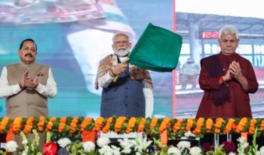PM Narendra Modi flags off the first electric train in the valley and the train service between Sangaldan and Baramulla stations