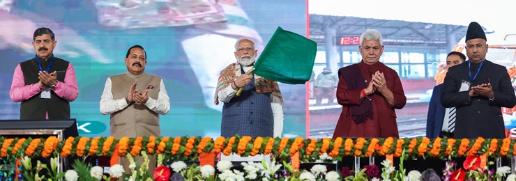 PM Narendra Modi flags off the first electric train in the valley and the train service between Sangaldan and Baramulla stations